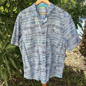 Tommy Bahama Mens XL Cotton Button Up Shirt  Blue Tropical Leaf Hawaiian Resort